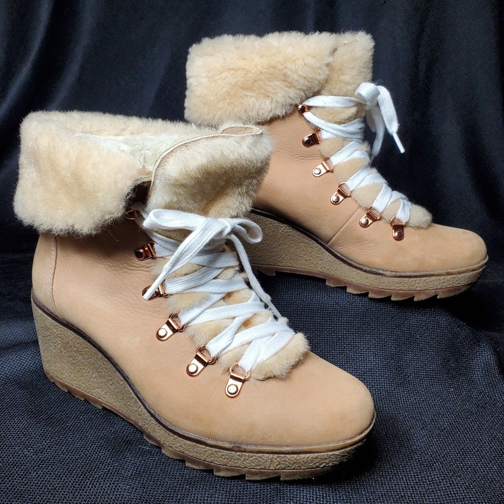 J Crew Nordic Snow Boot Shearling Nubuck Leather Wedge Beige Cleated Women's 10